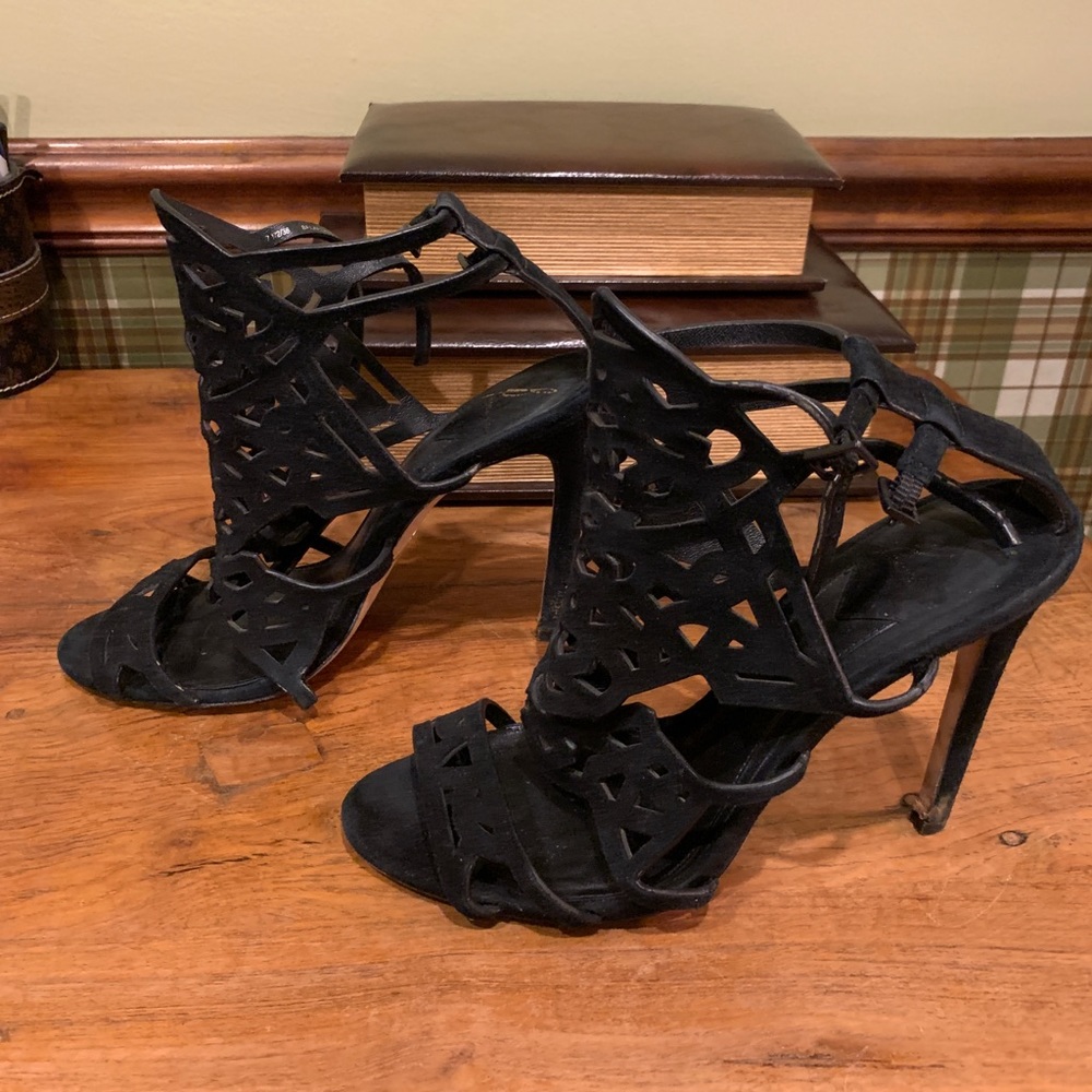 Brian Atwood black suede sandal caged pumps